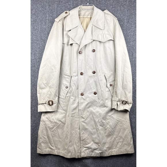 Vintage Sears Trench Coat 46 Long Khaki Plaid Lining Double Breast Inspector 70s